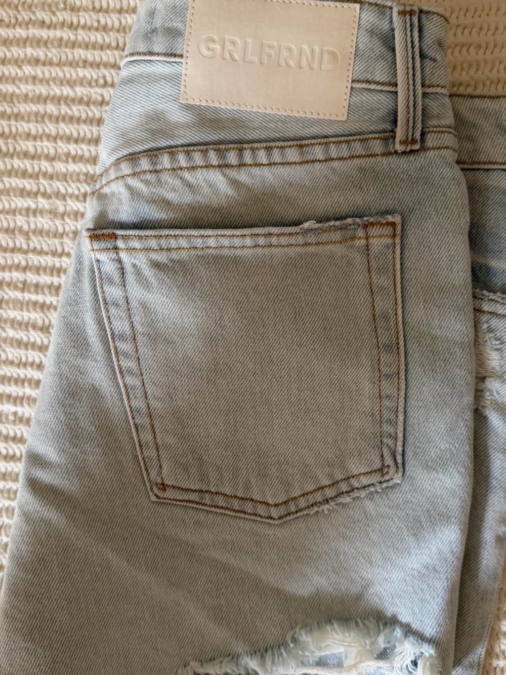 GRLFRND Light Blue Distressed Jean Shorts